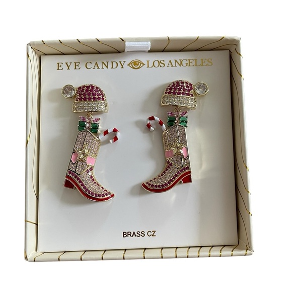 eye candy Jewelry - Eye Candy Los Angeles Christmas Cowboy Boot Candy Cane Dangle Earrings